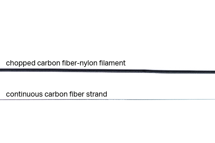 Hai dạng sợi carbon in 3D- trên cùng là sợi in 3D ngắn và bên dưới là một sợi carbon liên tục.