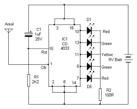 Sơ đồ mạch điện của bút thử điện không chạm có chức năng hiển thị mức độ