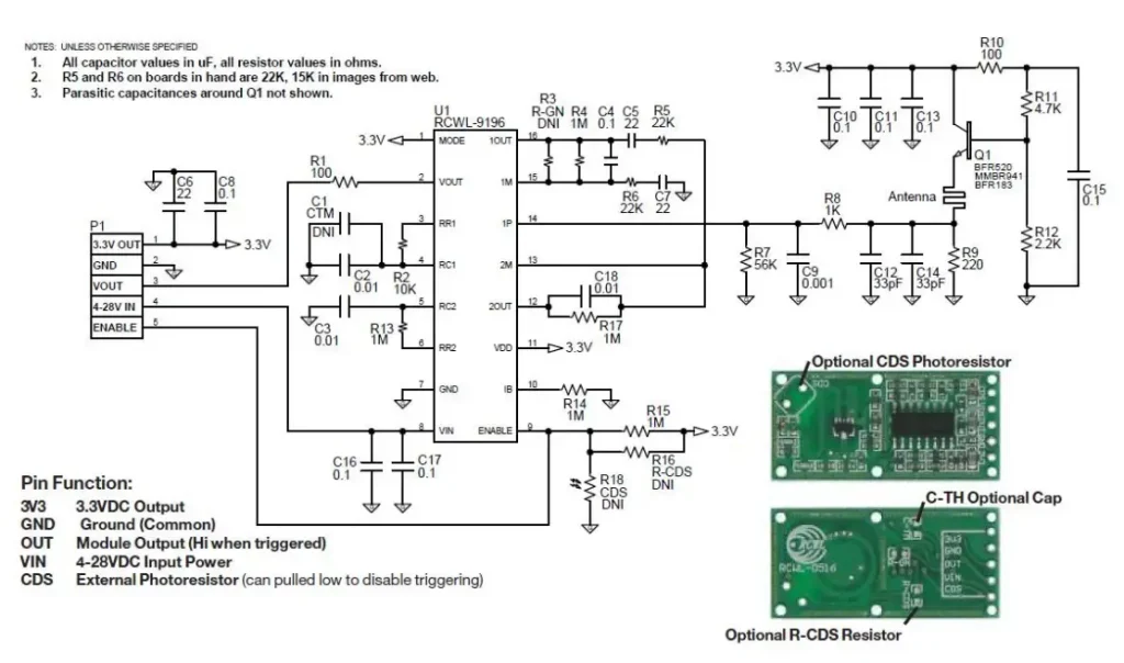 Sơ đồ mạch điện của cảm biến chuyển động vi sóng RCWL-0516