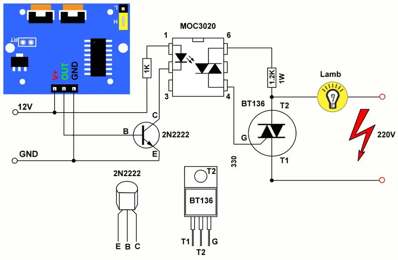 Sơ đồ nối dây mạch cảm biến HC-SR501 dùng OPTO quang kết hợp Triac 220V