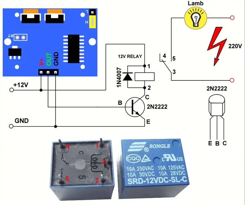 Sơ đồ nối dây mạch cảm biến HC-SR501 dùng Relay 220V