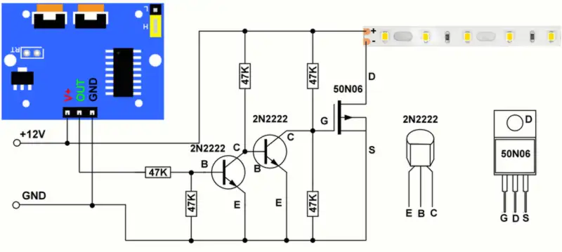 Sơ đồ nối dây mạch cảm biến HC-SR501 dùng Transistor kết hợp MOSFET