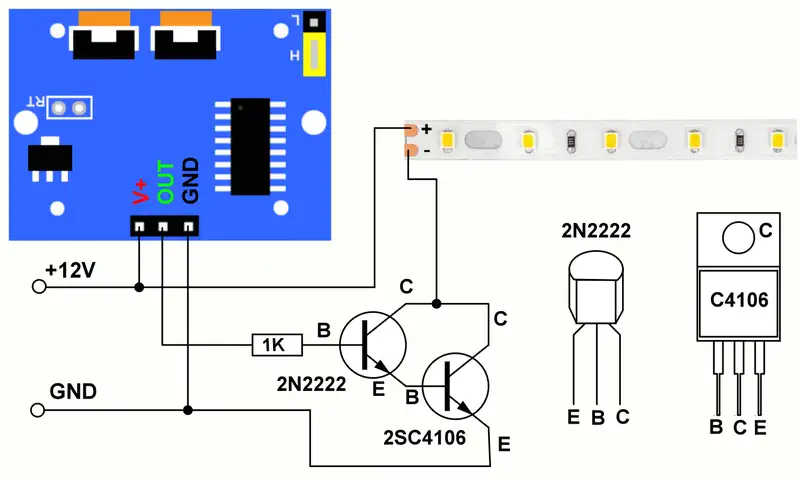 Sơ đồ nối dây mạch cảm biến HC-SR501 dùng Transistor